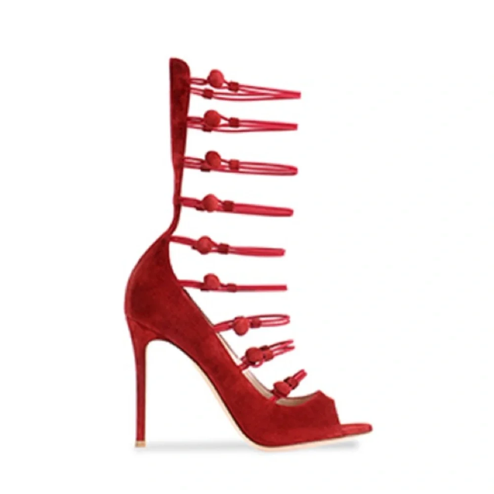 Gianvito Rossi Granata Suede Marquis Strappy Button Up Open Toe Heels (Size 38) - Picture 6 of 9